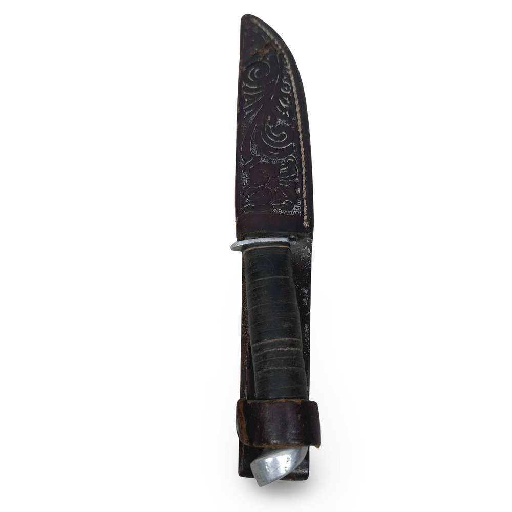 Vintage Western Cutlery Boulder K-2 Fixed Blade Knife Stacked Leather Sheath USA